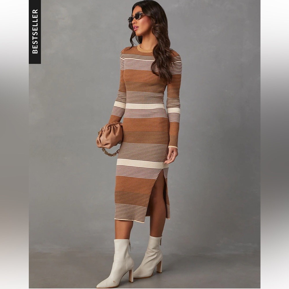 Striped Brown and Cream Sweater Dress